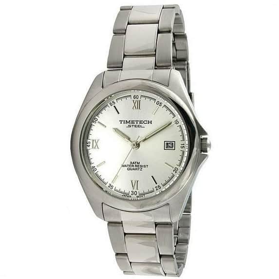Timetech - Men's Water Resistant Steel Bracelet Watch with Roman Numerals and Date Window - Silver