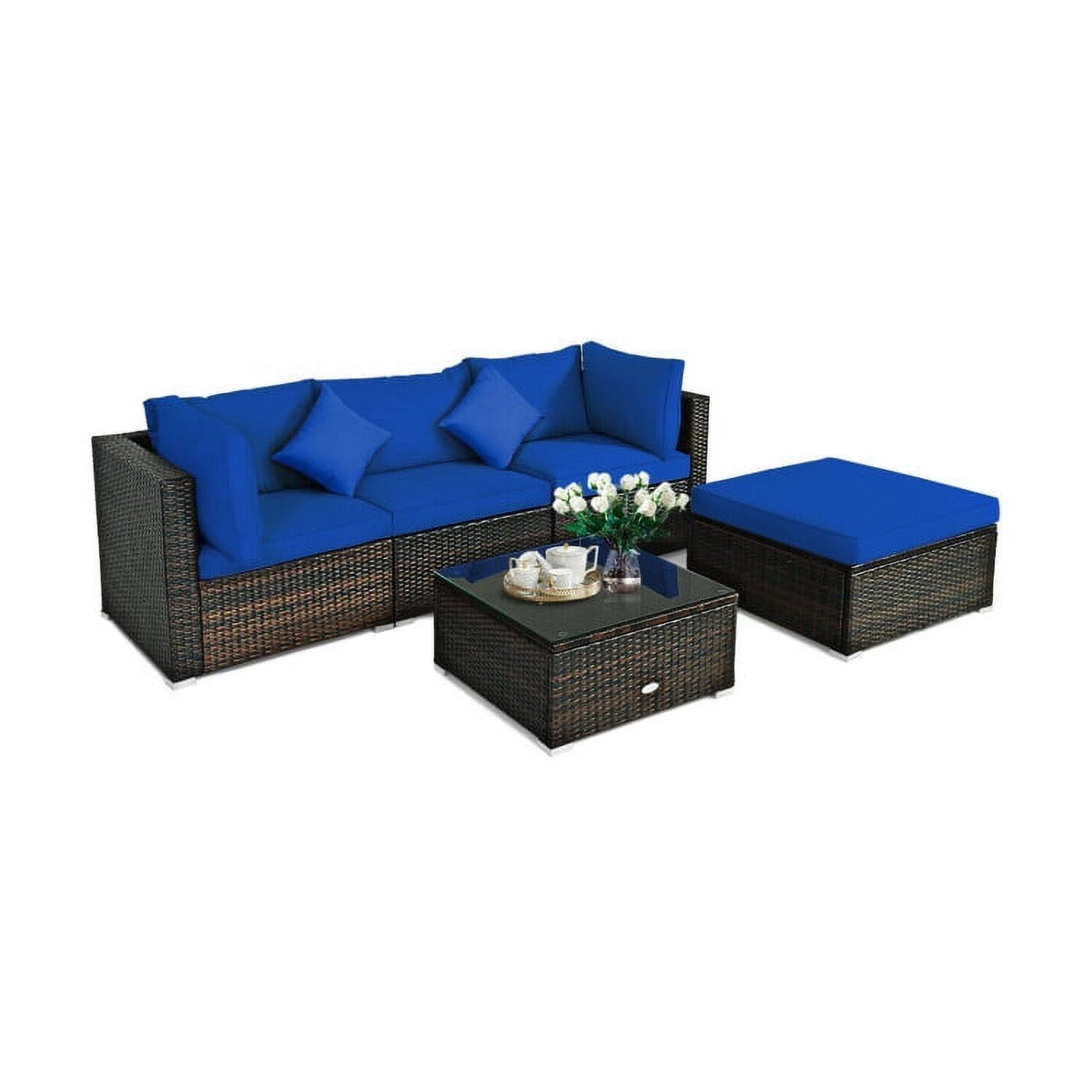 Back. Pefilos - 5 Pcs Outdoor Patio PE Rattan Furniture Set Sectional Conversation with Navy Cushions-Navy - Blue.