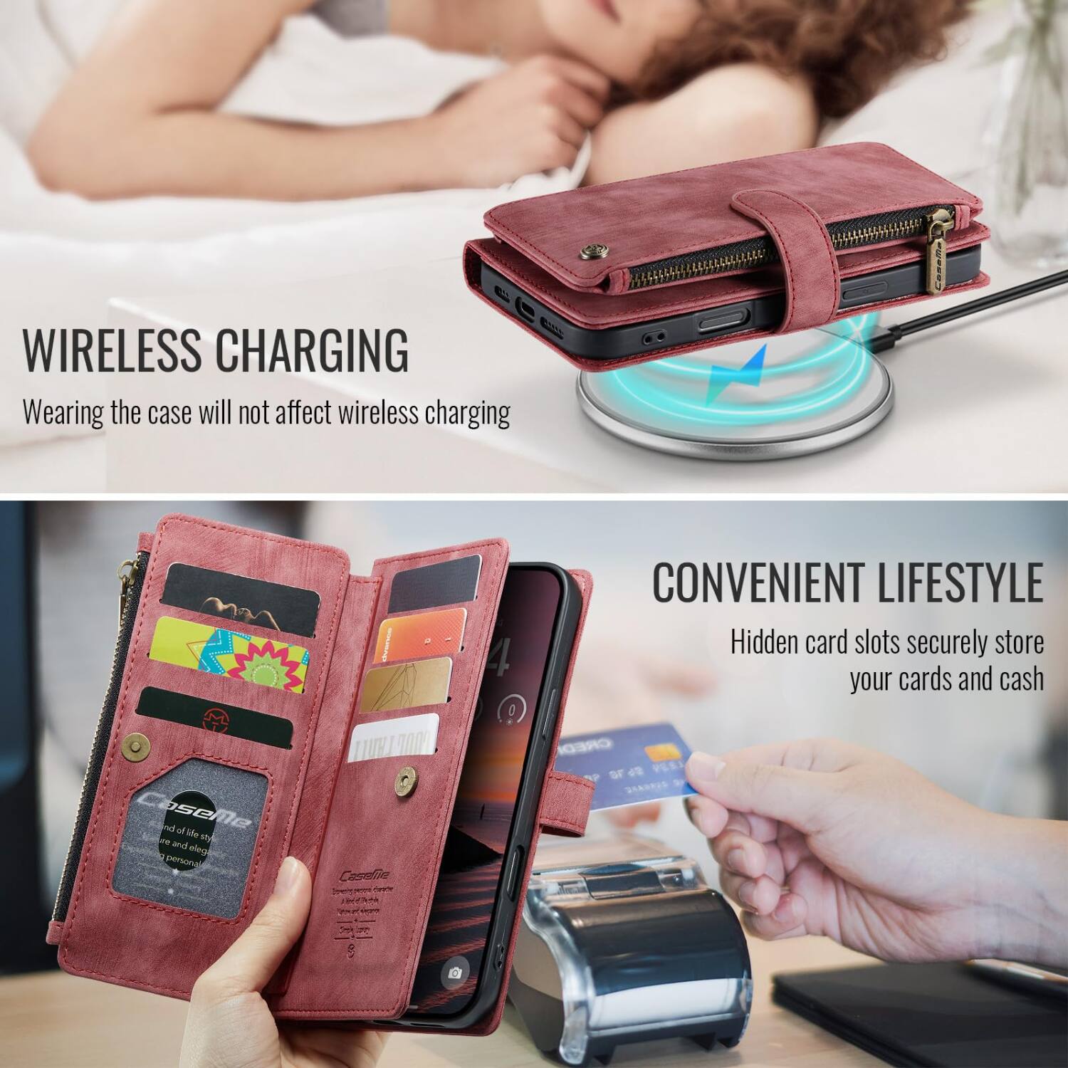 WIRELESS CHARGING  
Wearing the case will not affect wireless charging

CoseMe and life re and eleg personal

Casefie  
4 9

CONVENIENT LIFESTYLE  
Hidden card slots securely store your cards and cash