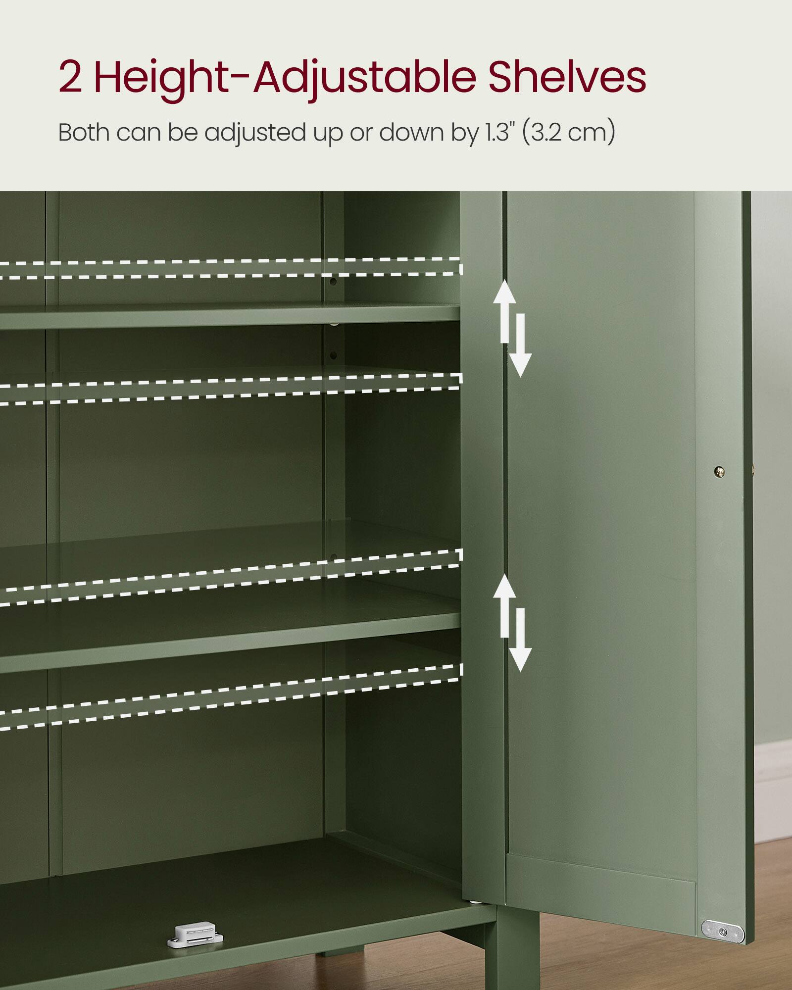 2 Height-Adjustable Shelves  
Both can be adjusted up or down by 1.3" (3.2 cm)