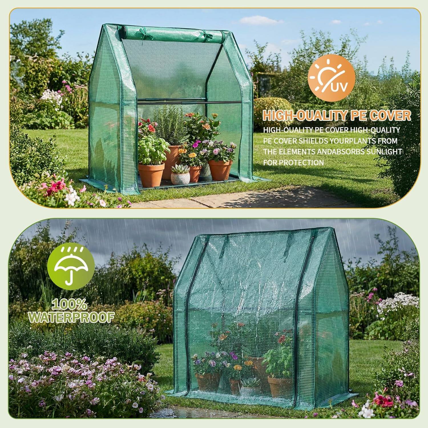 UV HIGH-QUALITY PE COVER  
HIGH-QUALITY PE COVER  
SHIELDS YOUR PLANTS FROM THE ELEMENTS AND ABSORBS SUNLIGHT FOR PROTECTION  
100% WATERPROOF