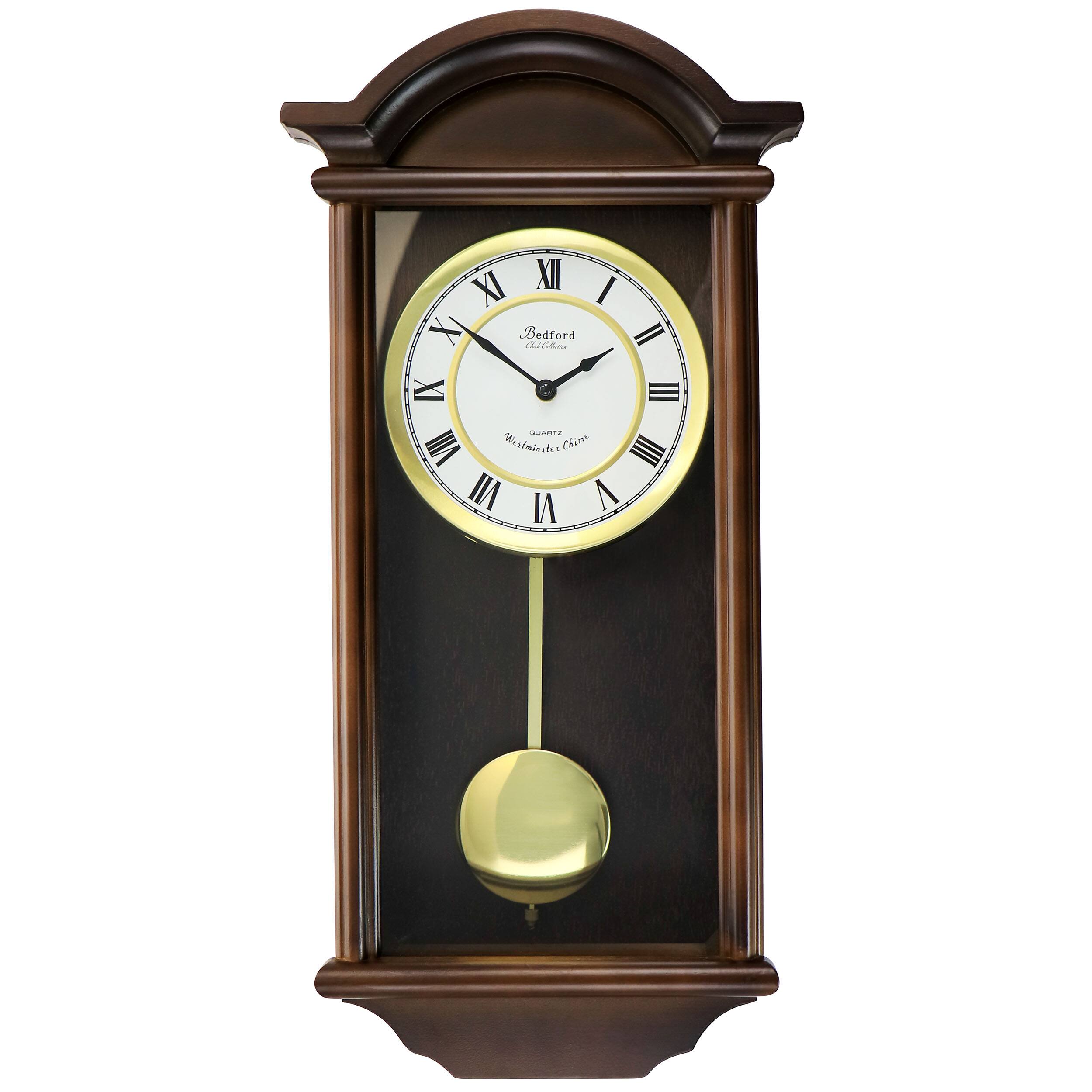 Bedford Clock Collection - George 22 Inch Chestnut Wood Chiming Pendulum Wall Clock - Brown