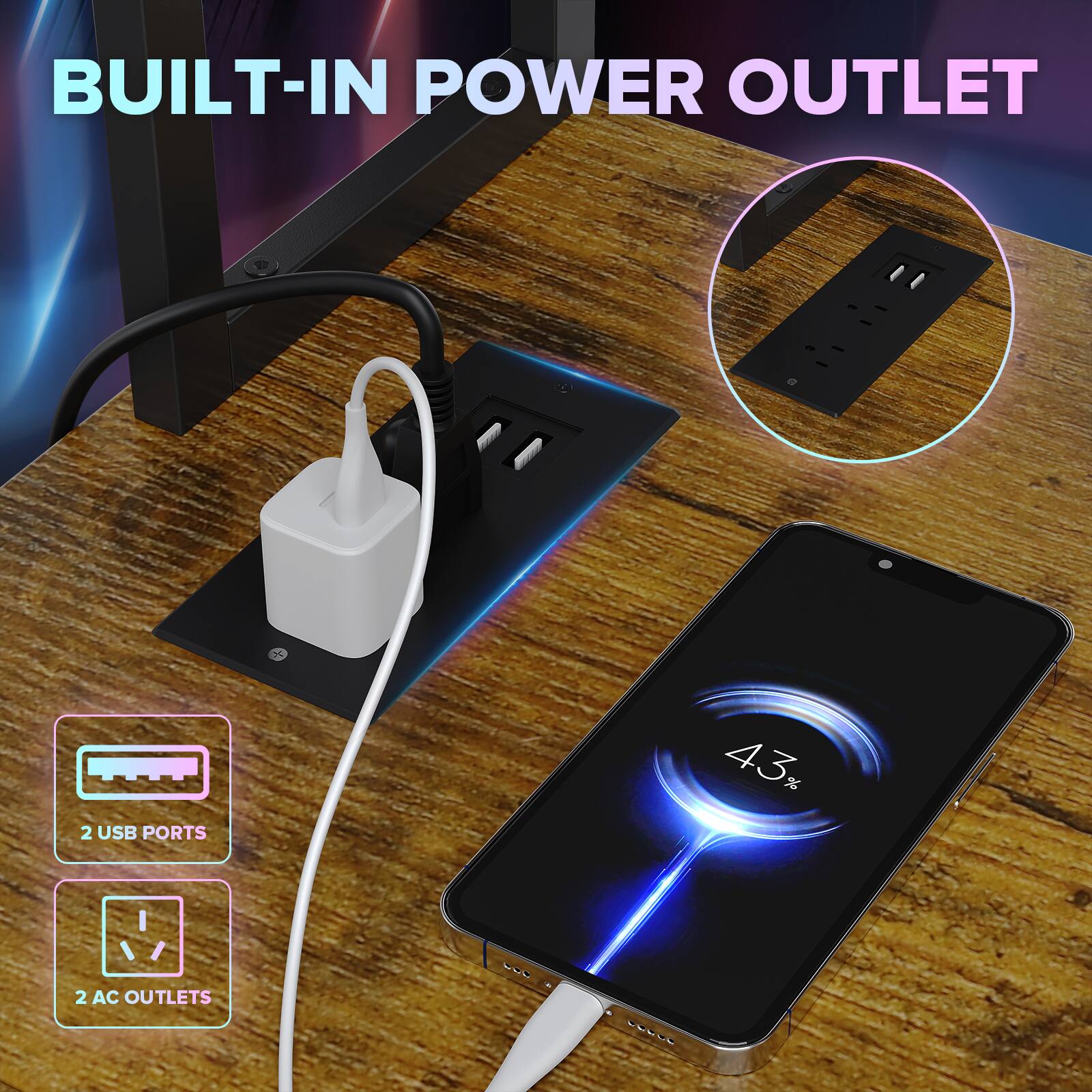 BUILT-IN POWER OUTLET

2 USB PORTS

43% %

2 AC OUTLETS
