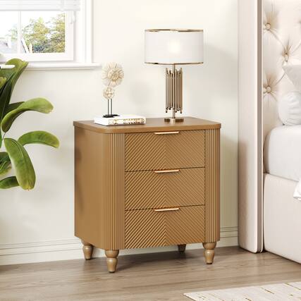 Front. Whisen - Mid-Century Fluted 3-Drawer Nightstand,Bedside Table with Curved Profile and Gold Glossy Handles - Natural.