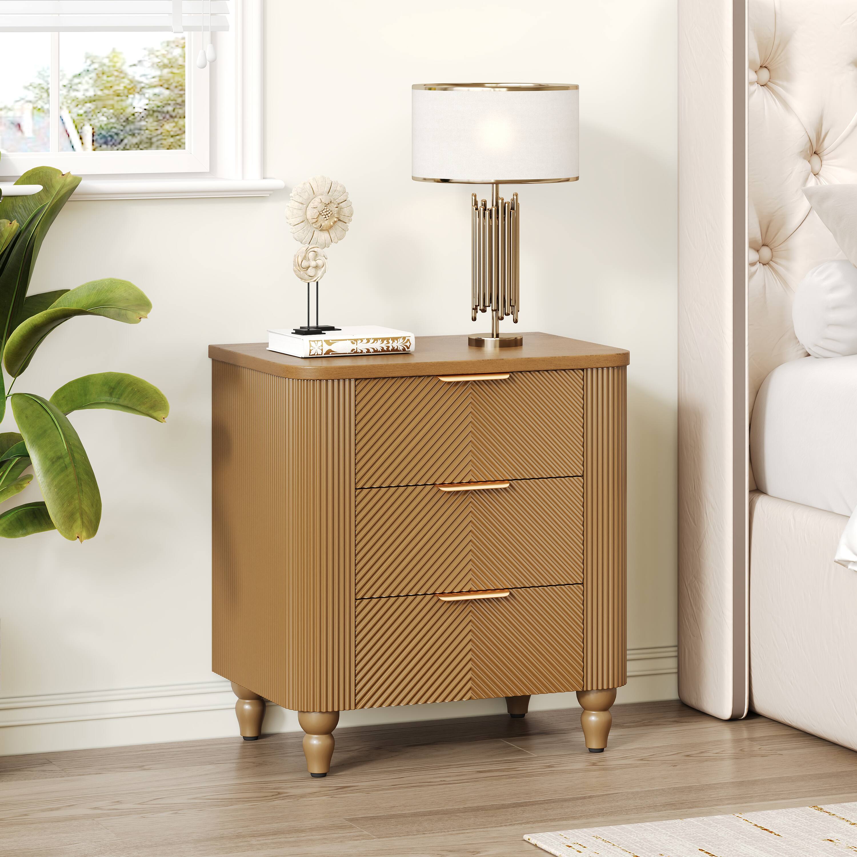 Front. Whisen - Mid-Century Fluted 3-Drawer Nightstand,Bedside Table with Curved Profile and Gold Glossy Handles - Natural.