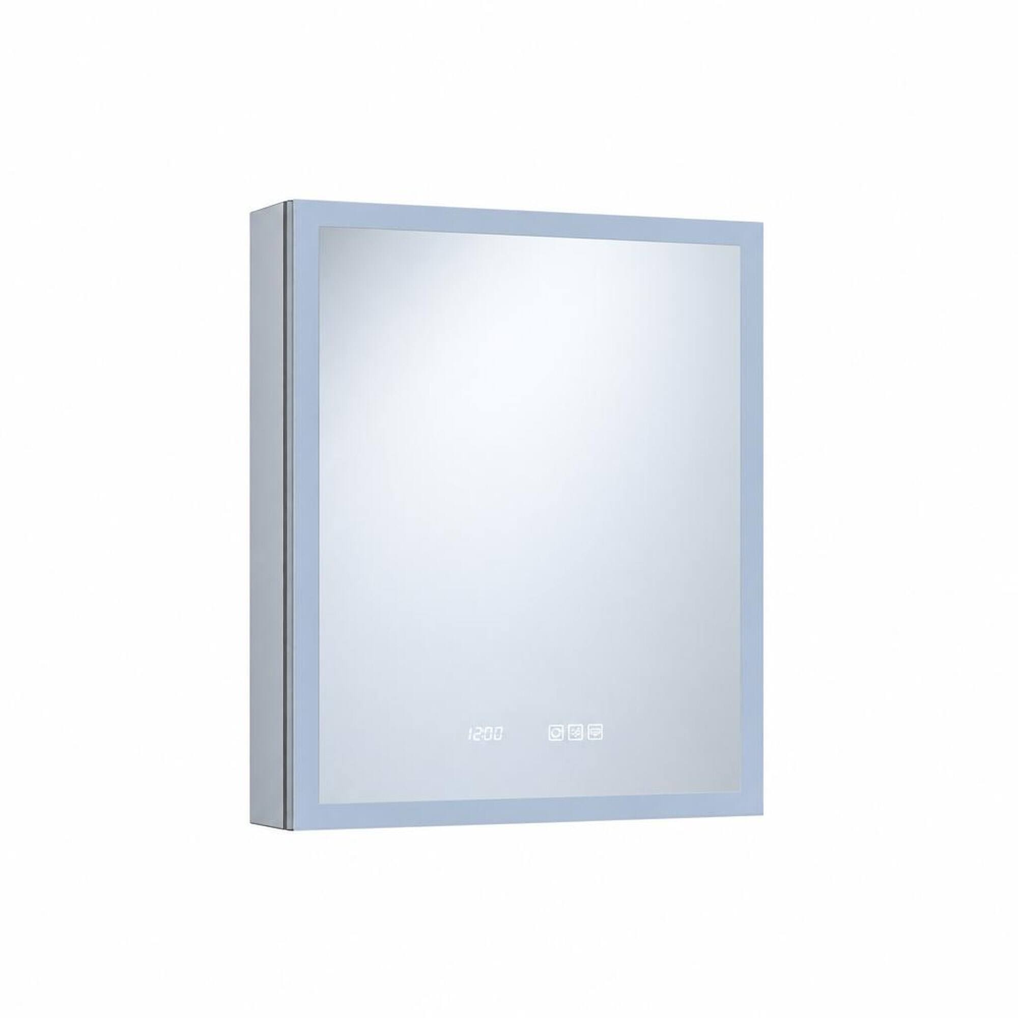 Front. RYHNUYNE - 24 in W x 30 in H Aluminum, Right Recessed or Surface Mount, LED Light and Clock - Silver.