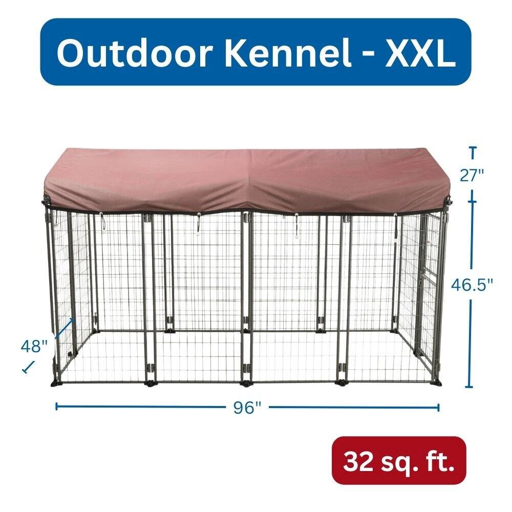 Outdoor Kennel - XXL  
Dimensions:  
- Length: 96"  
- Width: 48"  
- Height: 46.5"  
- Roof Height: 27"  
- Area: 32 sq. ft.