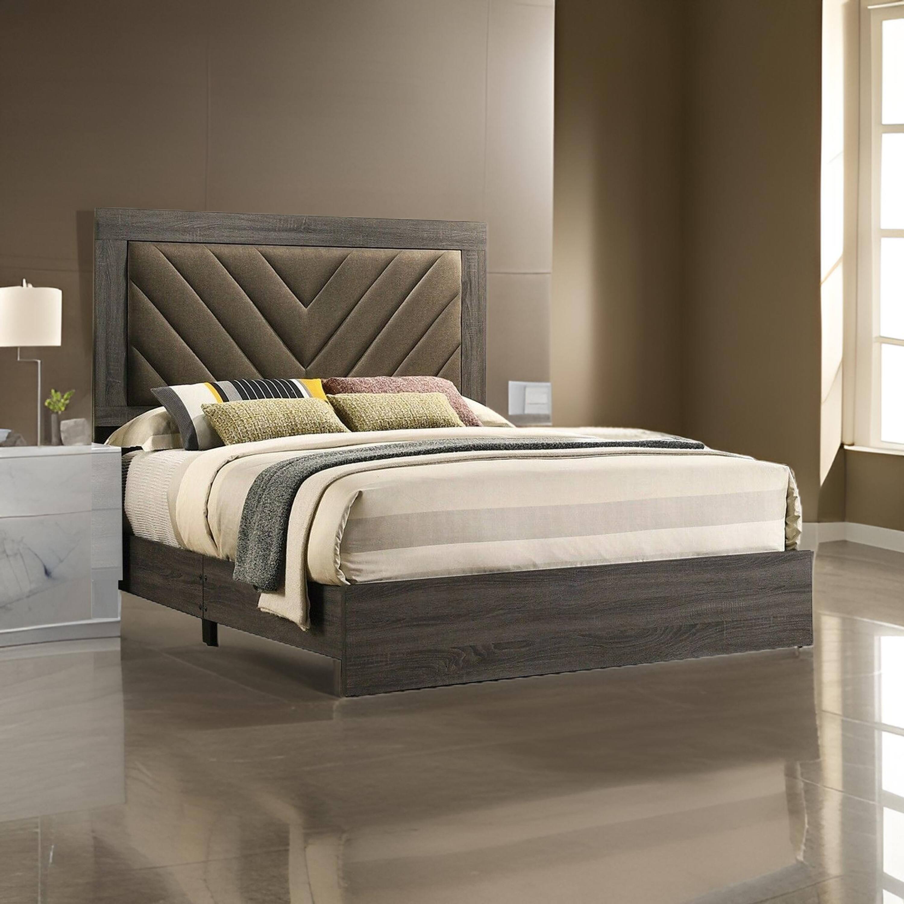 Alt View 5. Manhattan Lane - Cato Upholstered Queen Size Bed, Chevron Tufted Brown Headboard - Gray, Brown.