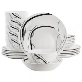 Elama - Sarah 24 Piece Porcelain Black Ribbon Double Bowl Dinnerware Set, Service for 6 and Black - White
