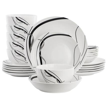 Front. Elama - Elama Sarah 24 Piece Porcelain Black Ribbon Double Bowl Dinnerware Set, Service for 6 in White and Black - White.