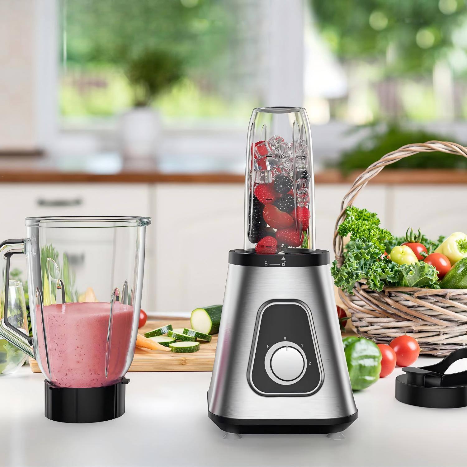 Left. Luckbyte - 1300W Smoothie Blender with 1.5L Glass Jar Personal Blender Combo - Grey.