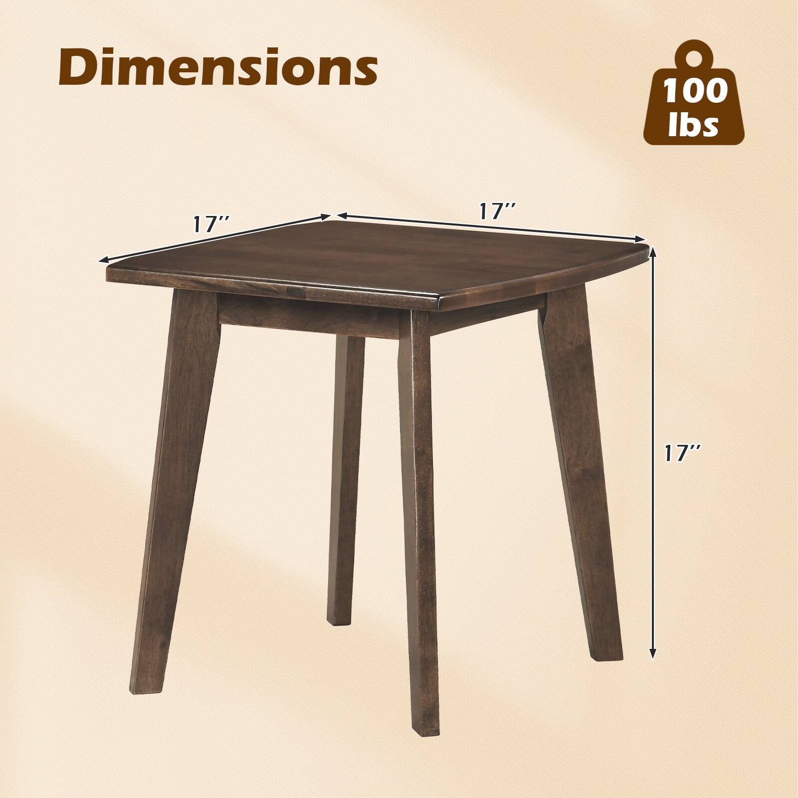 Dimensions: 100 lbs, 17" x 17" x 17"