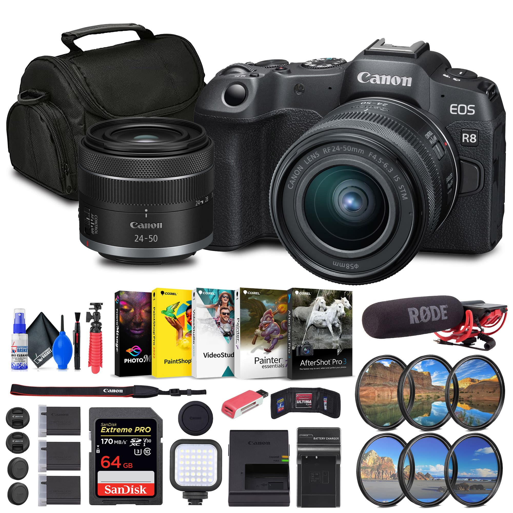 Canon - EOS R8 Mirrorless Camera with RF 24-50mm Lens + 64GB Card + Bag + Charger + Battery + More
