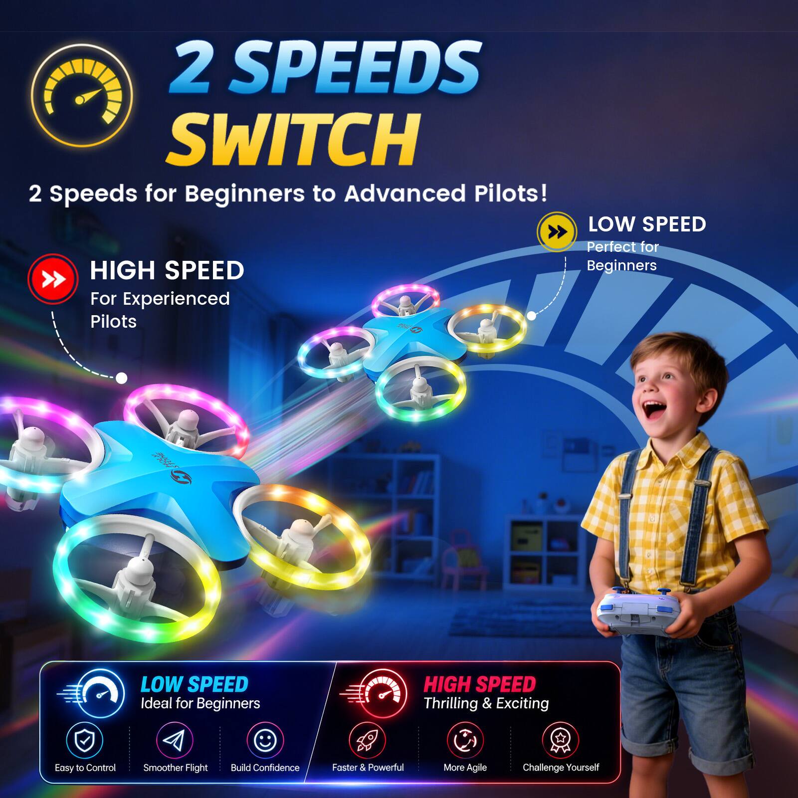 2 SPEEDS SWITCH  
2 Speeds for Beginners to Advanced Pilots!  

LOW SPEED  
Perfect for Beginners  

HIGH SPEED  
For Experienced Pilots  

LOW SPEED  
Ideal for Beginners  

HIGH SPEED  
Thrilling & Exciting  

Easy to Control  
Smoother Flight  
Build Confidence  
Faster & Powerful  
More Agile  
Challenge Yourself