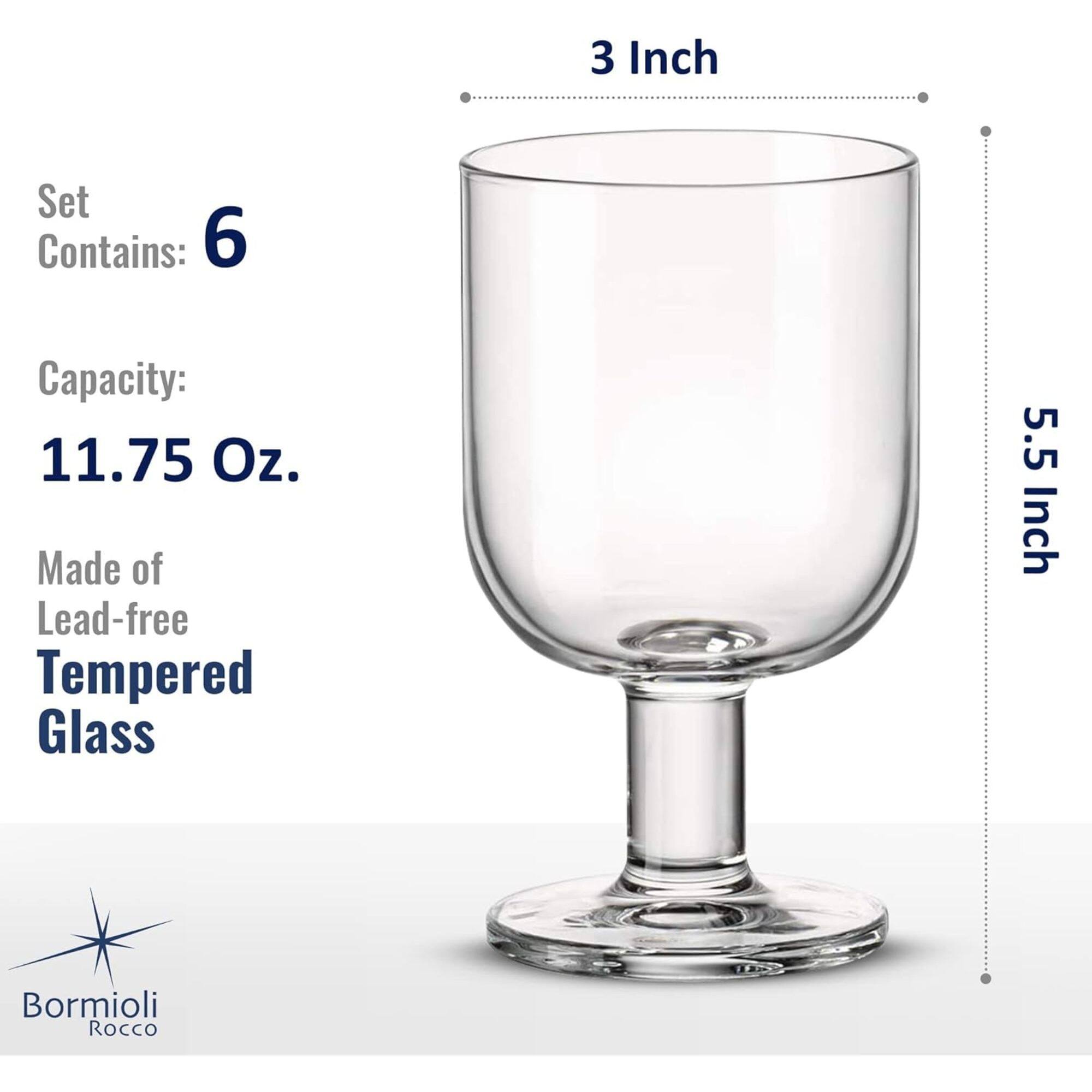 3 Inch Set Contains: 6 Capacity: 11.75 Oz. Made of Lead-free Tempered Glass 5.5 Inch Bormioli Rocco