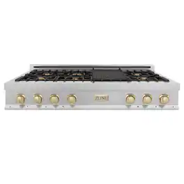 ZLINE - Autograph 48 in. Legacy Gas Rangetop with 7 Burners and Porcelain Cooktop in Satin Stainless with Polished Gold Accents - Satin Stainless Steel