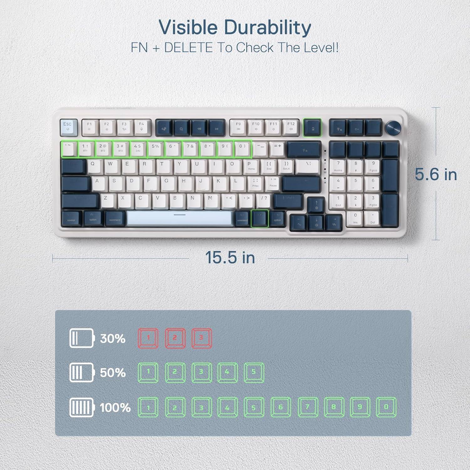 Visible Durability  
FN + DELETE To Check The Level!  

ESC 0  
F1 +  
F2 2  
F3 U  
F4 i  
12  
0  
x  
x  
F3 x  
F10 >>  
F11 0  
F12 0  

1! BY  
28 173  
3= F3  
45 DO  
5%  
5  
7&  
e  
91  
10  
0 A  
W $  
E D  
R F  
T G  
Y H  
U J  
| K  
0 L  
P -  
N INC  
11 SAX  
XI  
:  
7 4  
8 - 5  
9 5  
5.6 in  
Z  
X  
C  
V  
B  
N  
M  
->  
12  
1  
2  
3  
D  
One  
I  
0  
:  
04  
Dcl  
15.5 in  
30%  
2  
3  
50%  
1  
2  
3  
4  
5  
100%  
2  
3  
4  
5  
6  
7  
8  
9