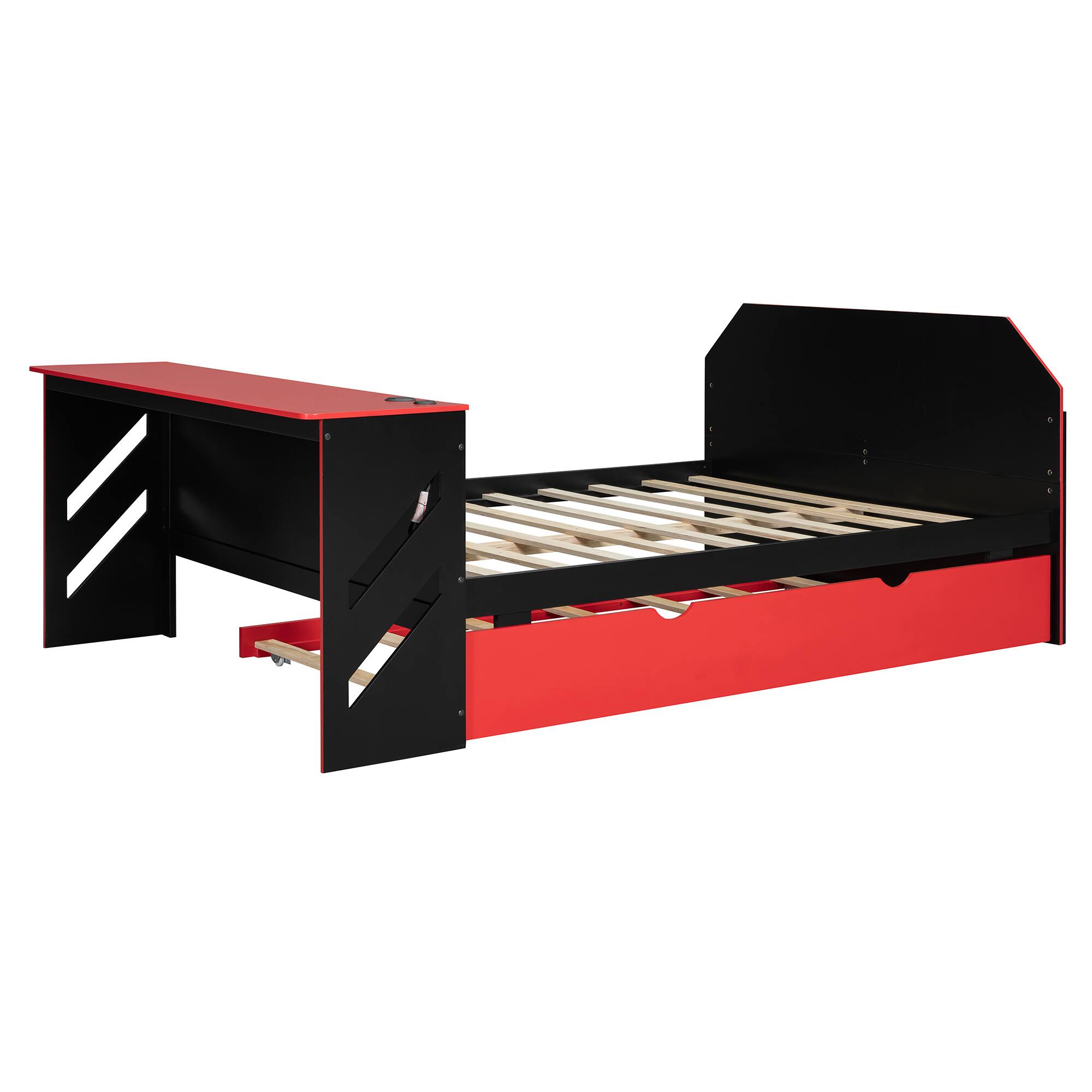 Alt View 2. Anysun - Full Size Wood Daybed with Twin Size Trundle,Desk and USB - Red.