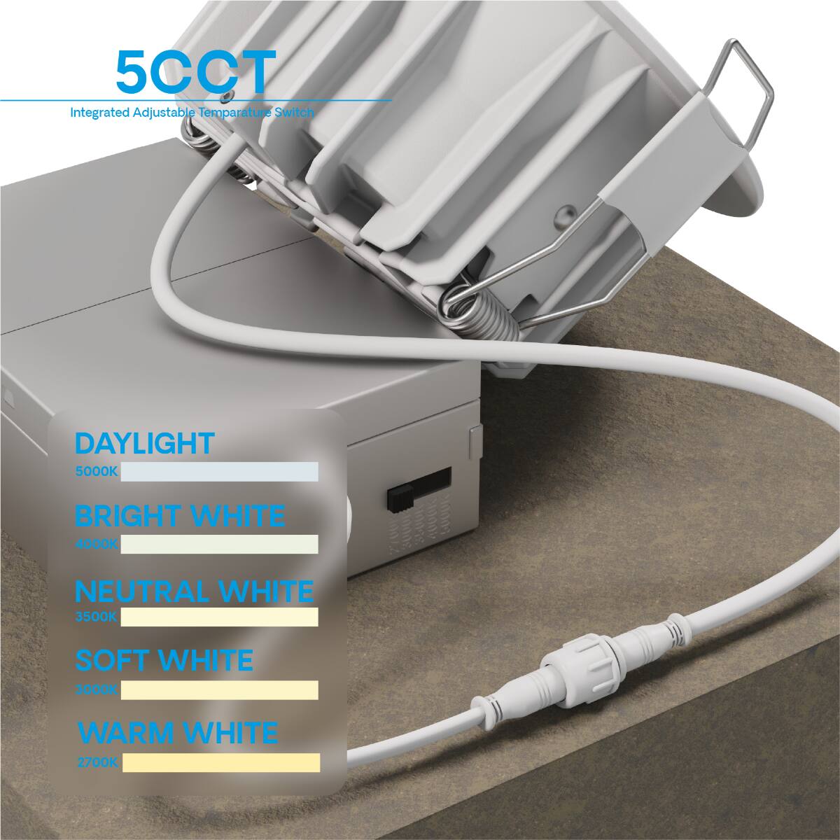 5CCT  
Integrated Adjustable Temperature Switch  

DAYLIGHT  
5000K  

BRIGHT WHITE  
4000K  

NEUTRAL WHITE  
3500K  

SOFT WHITE  
3000K  

WARM WHITE  
2700K