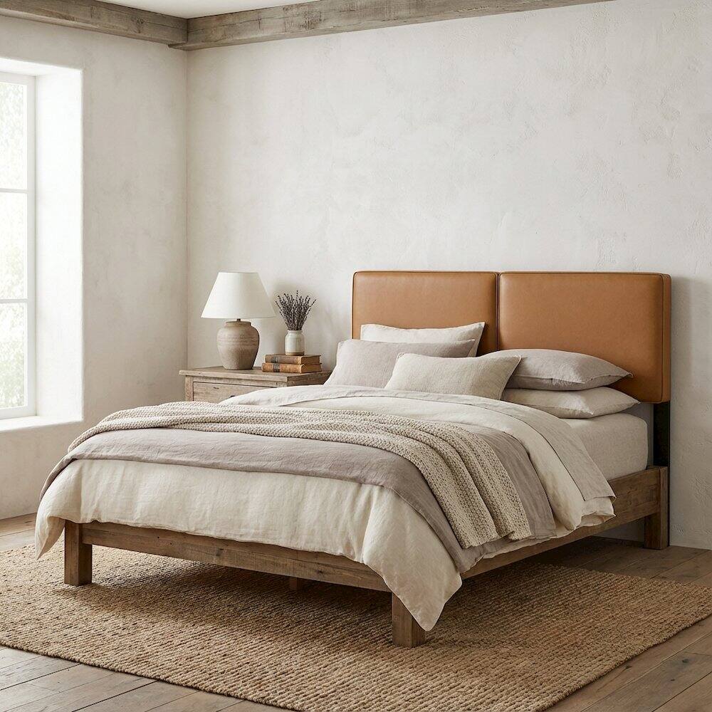 Angle. FurniFact - Vegan Leather Queen Headboard in Neutral Tone, Durable Finish, Elegant Design - Beige.