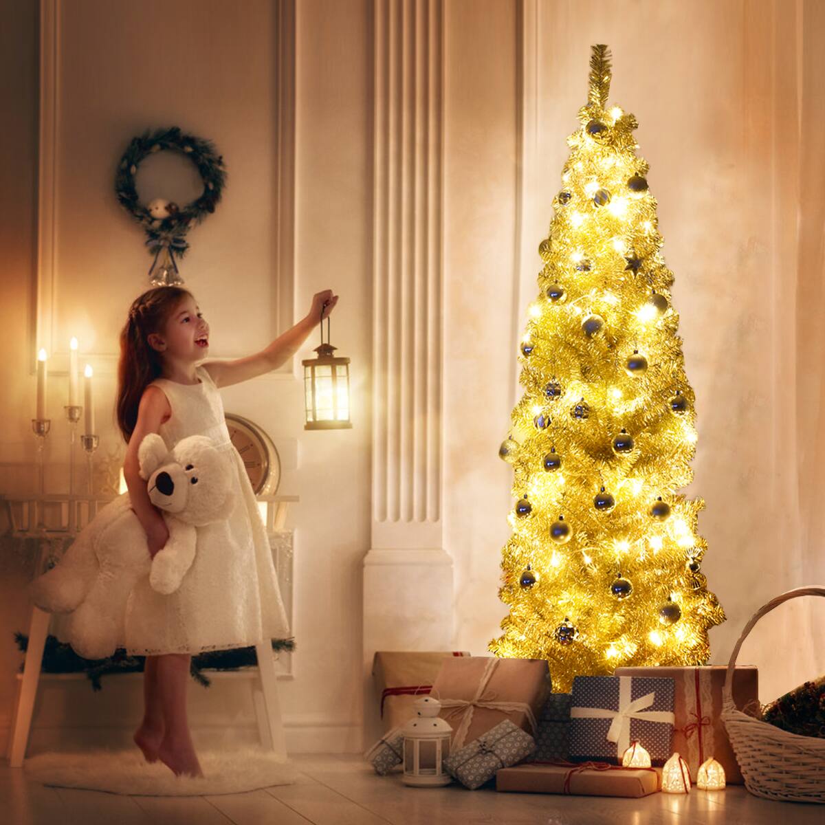 Alt View 14. Costway - 6FT Gold Tinsel Tree Slim Pencil Christmas Tree - Champagne.