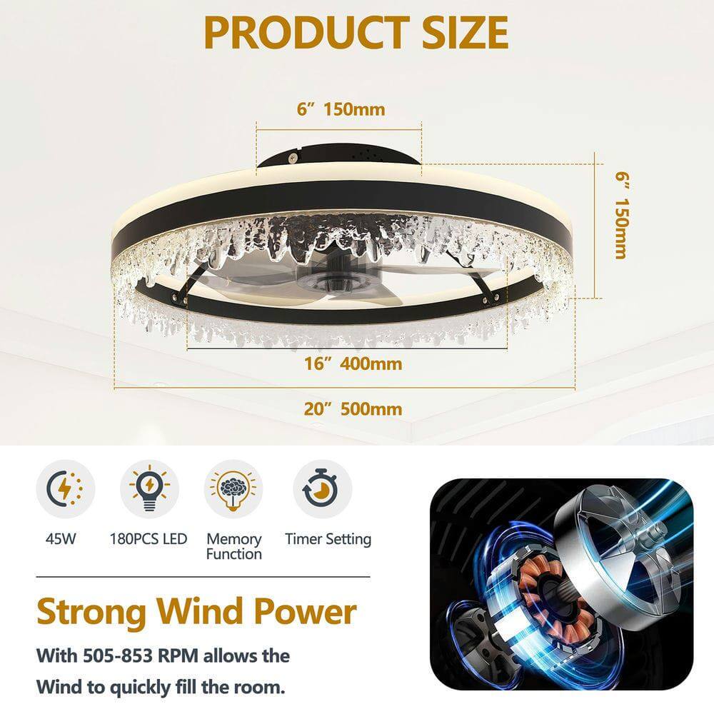 PRODUCT SIZE

6" 150mm  
16" 400mm  
20" 500mm  

45W  
180PCS LED  
Memory Function  
Timer Setting  

Strong Wind Power  
With 505-853 RPM allows the Wind to quickly fill the room.