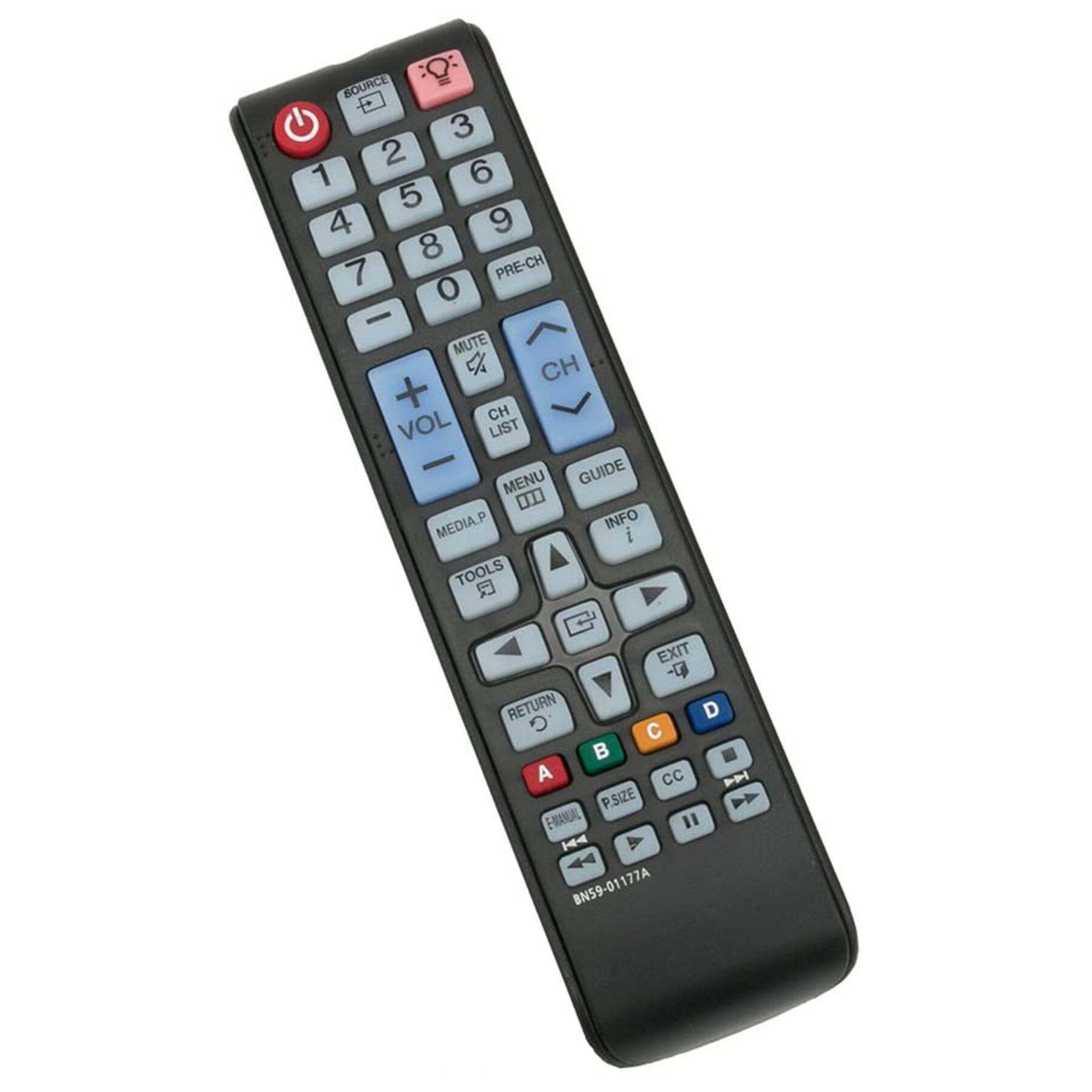 Sure, here is the corrected and grouped text from the image:

- SOURCE
- 1 2 3 4 5 6 7 8 9 0
- PRE-CH
- CH
- VOL
- MUTE
- CH LIST
- GUIDE
- INFO
- MENU
- TOOLS
- MEDIA.P
- EXIT
- RETURN
- CC
- P.SIZE
- E-MANDAL
- BN59-01177A