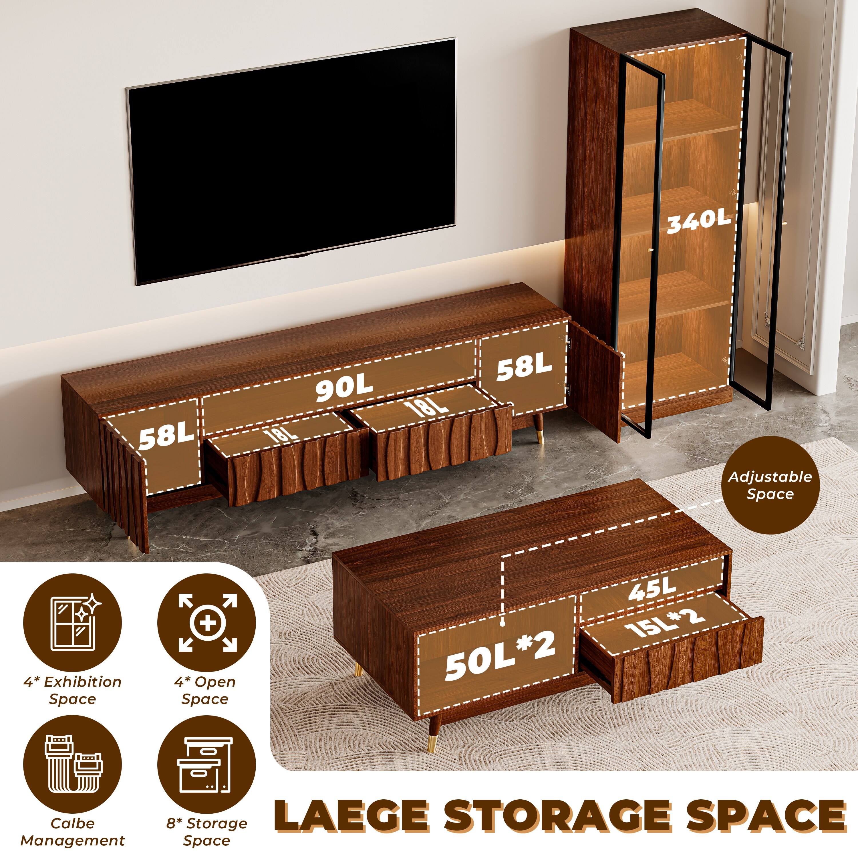 340L 58L 90L 18L 58L Adjustable Space  
4 Exhibition Space  
4 Open Space  
45L 15L*2 50L*2  
Cable Management  
8 Storage  
LAEGE STORAGE SPACE