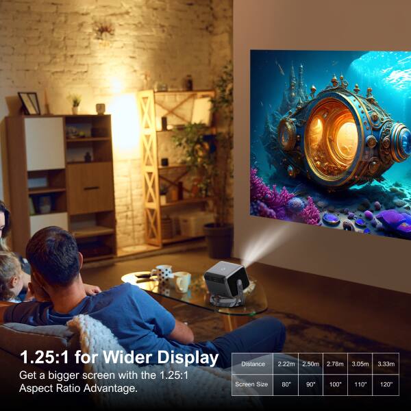1.25:1 for Wider Display  
Get a bigger screen with the 1.25:1 Aspect Ratio Advantage.

Distance:  
2.22m 2.50m 2.78m 3.05m 3.33m

Screen Size:  
80" 90" 100" 110" 120"