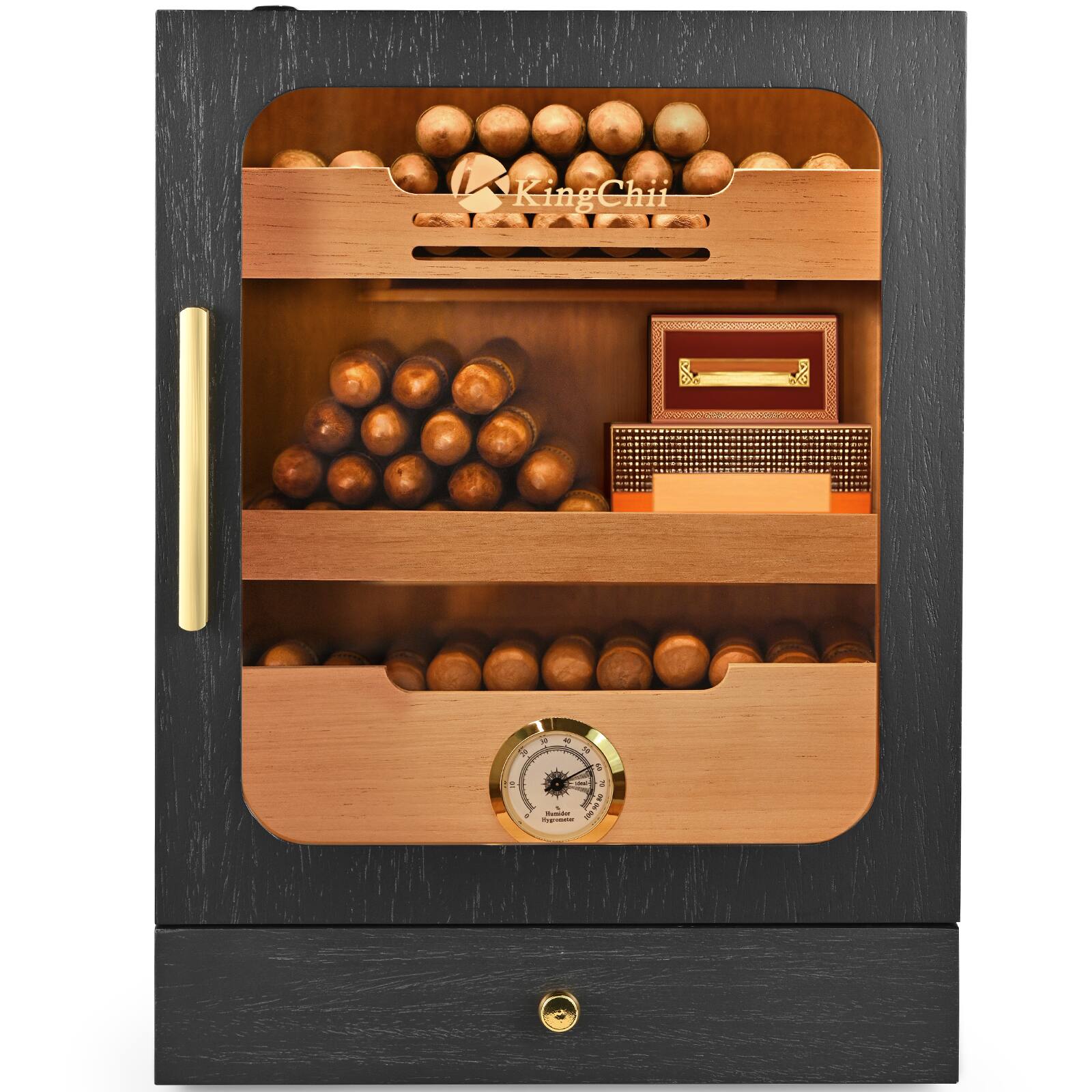 Angle. KingChii - 20L Cigar Humidor with Temperature Control, Spanish Cedar Shelves and Hygrometer(100 Capacity) - Black.