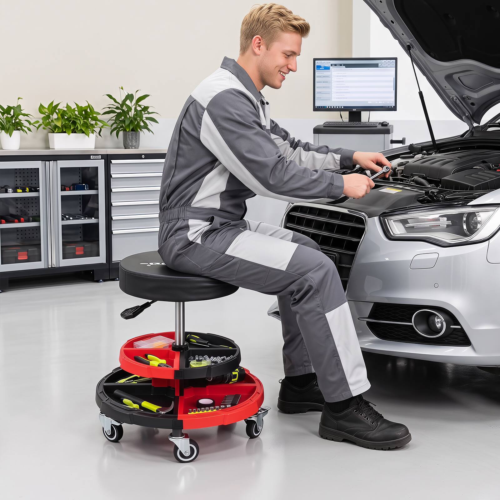 Alt View 1. Costway - Ironmax Rolling Mechanic Stool with Cushioned Seat, Dual Tool Trays, 5 Universal Wheels - Black and Red.