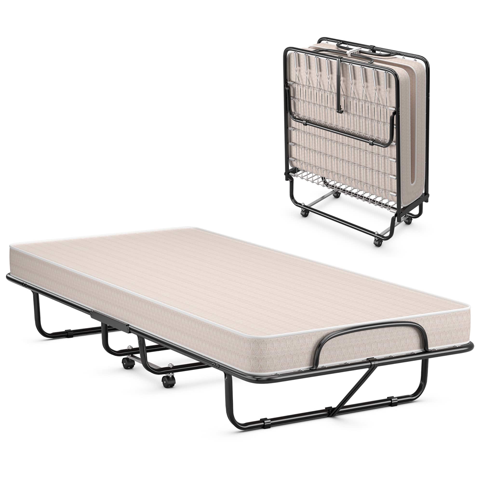 Gymax - Folding Bed with Mattress Portable Rollaway Guest Cot Memory Foam Made in Italy - Beige