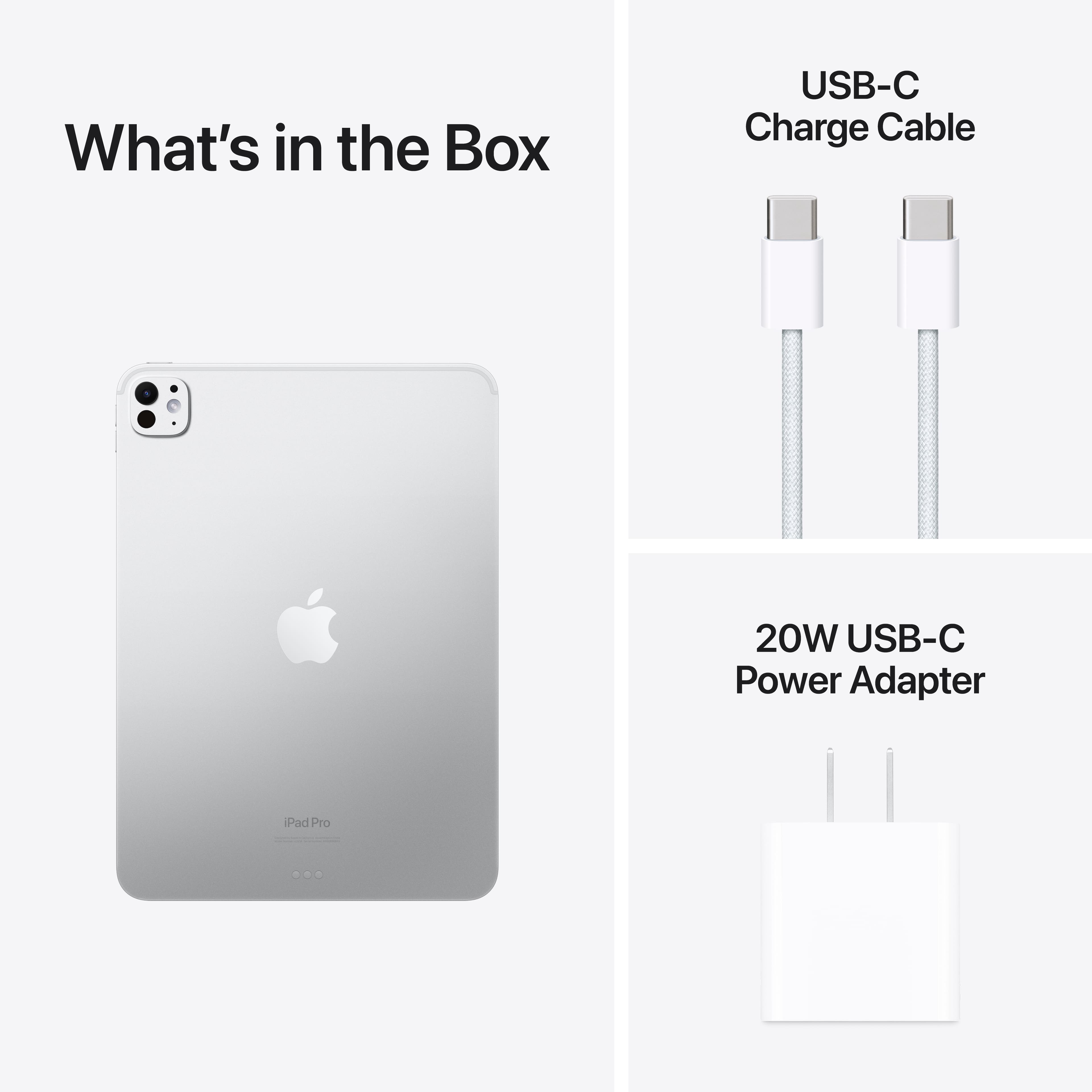 What's in the Box: USB-C Charge Cable, 20W USB-C Power Adapter, iPad Pro.