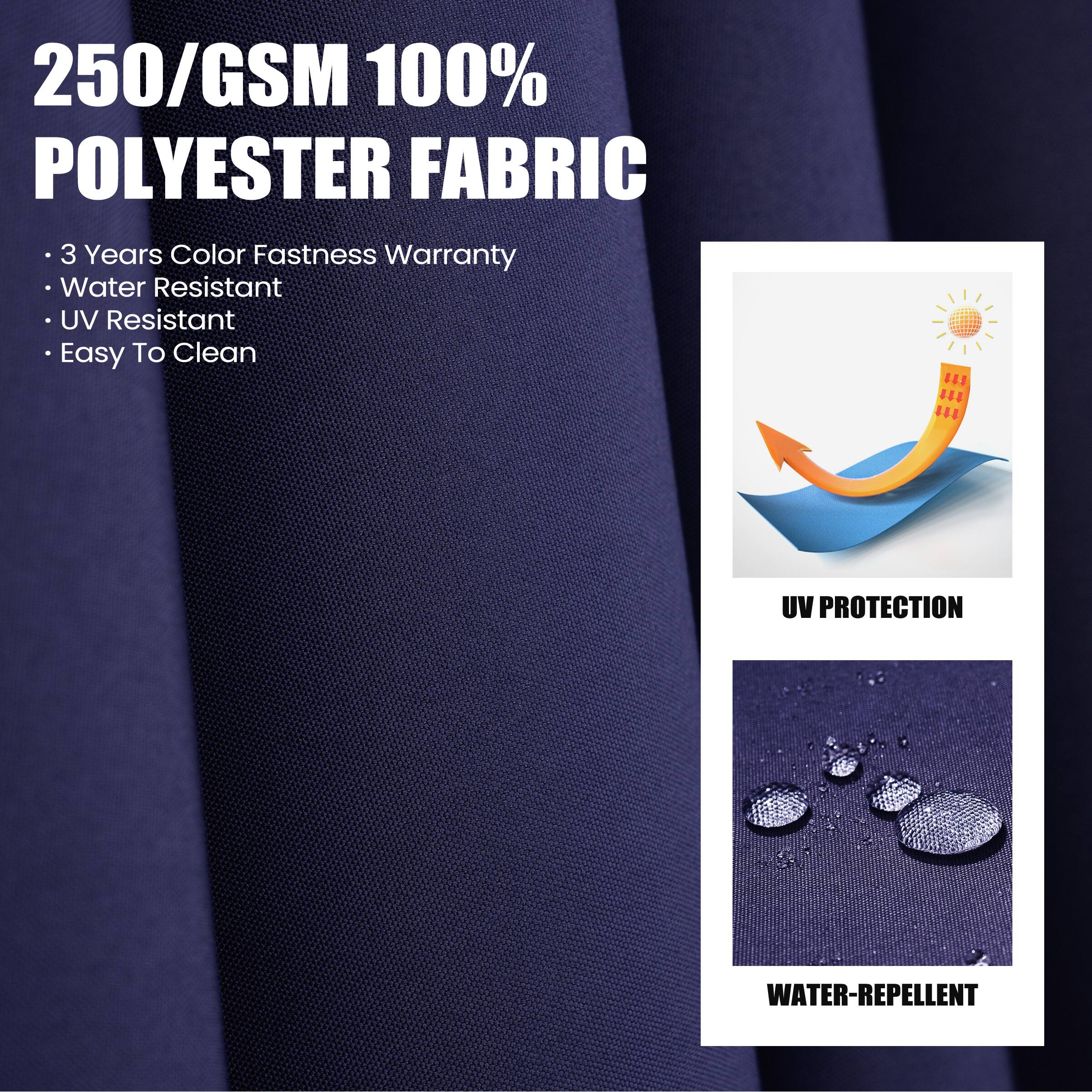 250/GSM 100% POLYESTER FABRIC

- 3 Years Color Fastness Warranty
- Water Resistant
- UV Resistant
- Easy To Clean

UV PROTECTION

WATER-REPELLENT