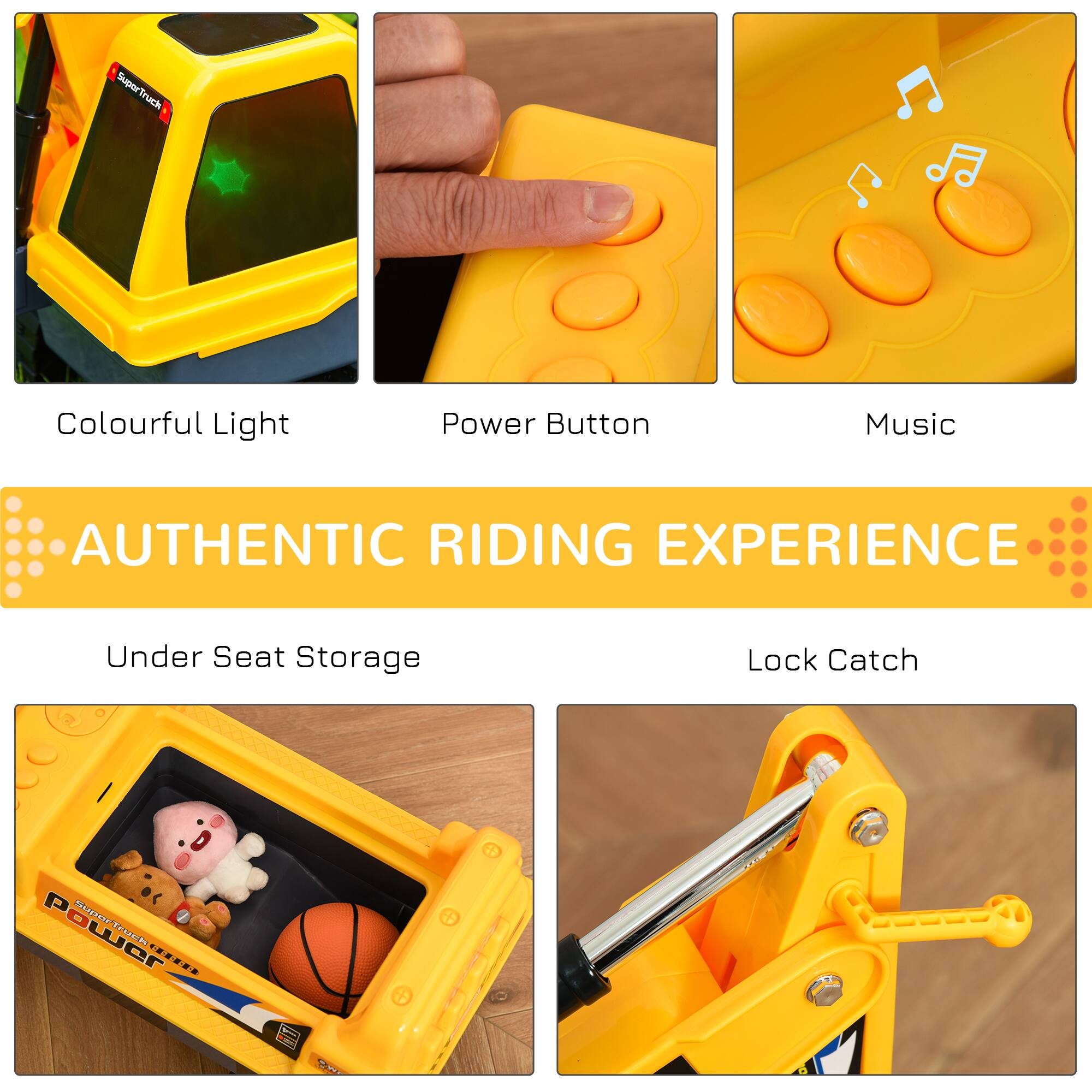 Sure, here is the corrected and grouped text:

---

**Super Truck**

- Colourful Light
- Power Button
- Music

**AUTHENTIC RIDING EXPERIENCE**

- Under Seat Storage
- Lock Catch

---

**Super Truck**  
**AUTHENTIC RIDING EXPERIENCE**