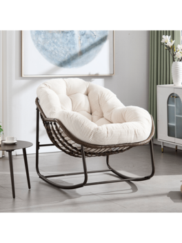 Trinkets Crazed - Outdoor Indoor Rocking Chair With Padded Cushion, Oversized Patio Papasan Rocking Egg Chair - Beige
