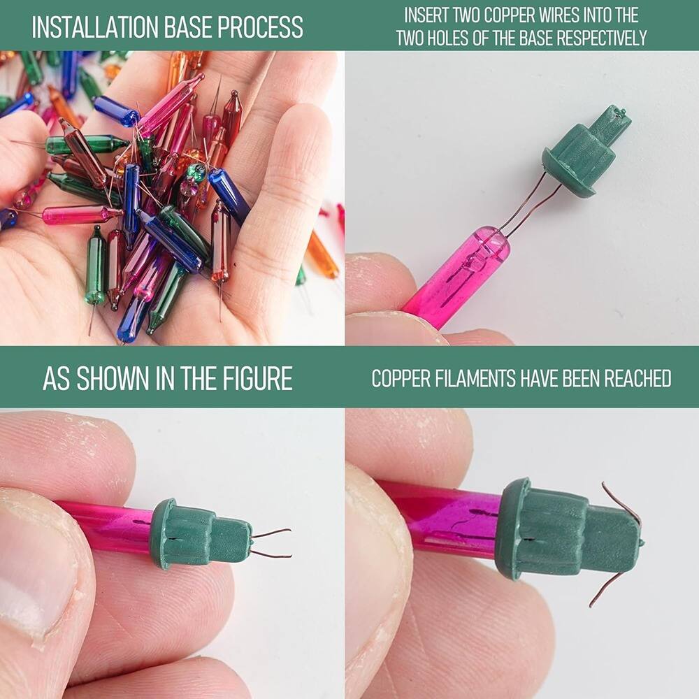 **Installation Base Process**

1. Insert two copper wires into the two holes of the base respectively.
2. As shown in the figure.
3. Copper filaments have been reached.