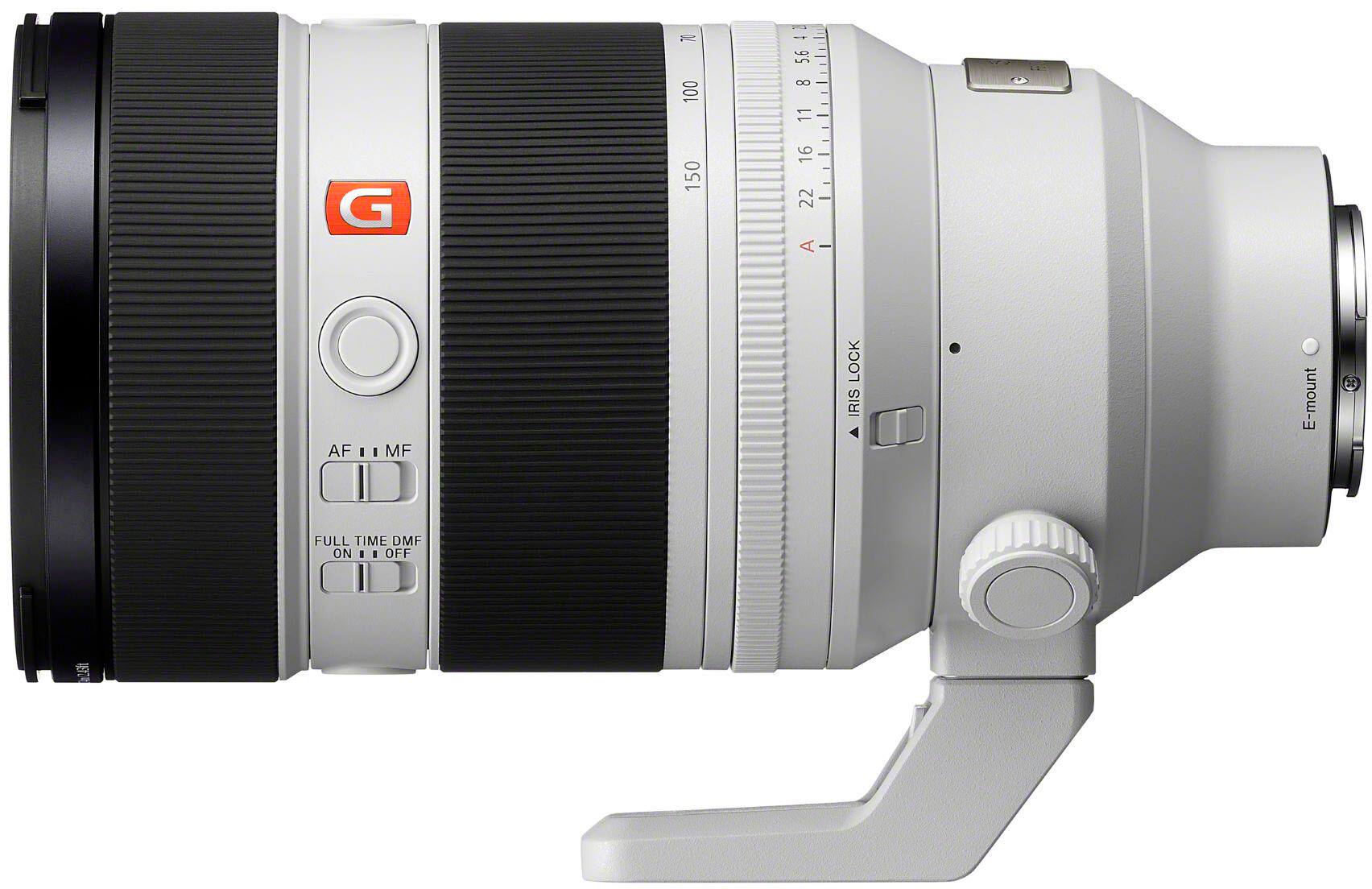 The text on the image reads: "7 100 dS - 5.64 5.6 8 11 - G 150 16 I I I 22 I A - AF I I MF LOCK IRIS E-mount D FULL TIME DMF ON I  OFF 1E." This text is likely a description or specifications of the camera lens.