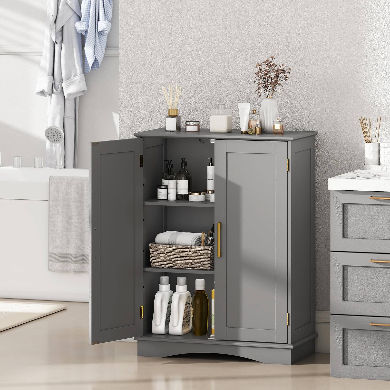 Alt View 4. Costway - Costway Floor Storage Cabinet Modern Storage Organizer with Adjustable Shelves &2 Doors - Gray.