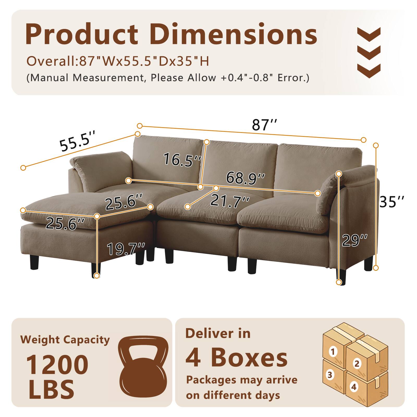 Product Dimensions Overall: 87"Wx55.5"Dx35"H (Manual Measurement, Please Allow +0.4"-0.8" Error.)  
87" 55.5" 16.5" 68.9" 25.6" 21.7" 25.6" 19.7" 35" 29"  
Weight Capacity: 1200 LBS  
Deliver in 4 Boxes  
Packages may arrive on different days