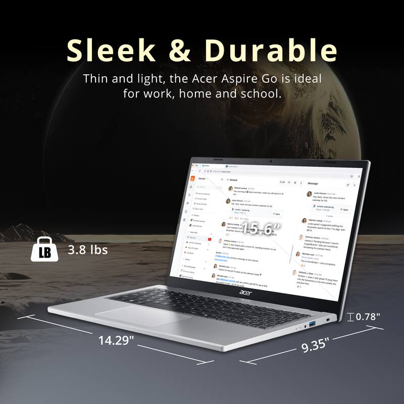 Sleek & Durable

Thin and light, the Acer Aspire Go is ideal for work, home and school.

3.8 lbs

14.29"

9.35"

0.78"