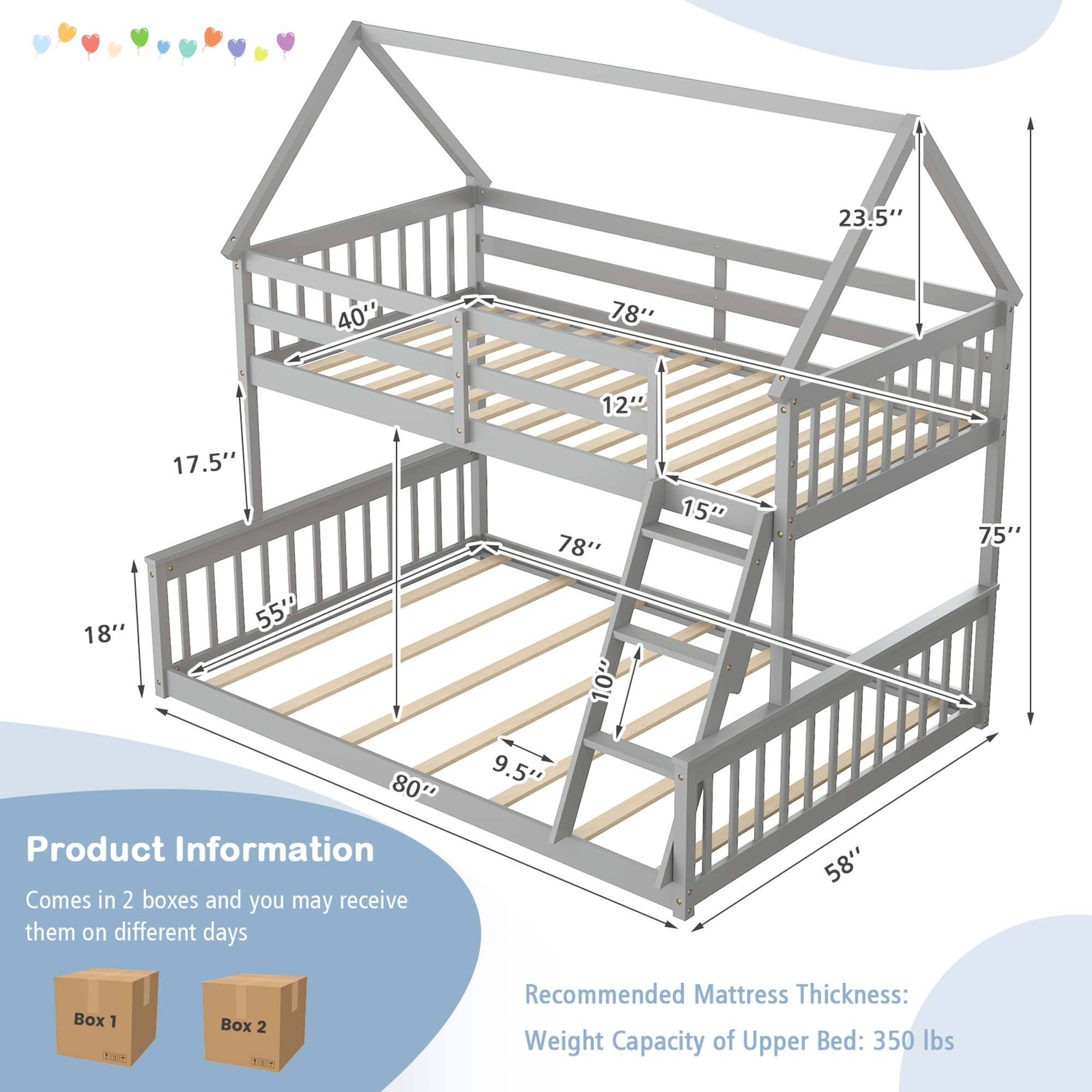 - 23.5"
- 40"
- 78"
- 12"
- 18"
- 17.5"
- 55"
- 78"
- 1.0"
- 15"
- 75"
- 800"

Product Information
Comes in 2 boxes and you may receive them on different days

Recommended Mattress Thickness:
Weight Capacity of Upper Bed: 350 lbs