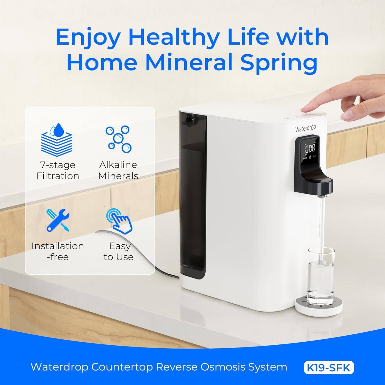 Enjoy a Healthy Life with Home Mineral Spring Waterdrop 7-stage Alkaline Filtration Minerals. Installation-free, Easy to Use Waterdrop Countertop Reverse Osmosis System K19-SFK.