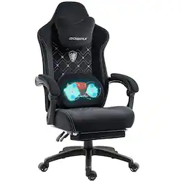 Dowinx - Gaming Chair Fabric with Heated Massage Lumbar Support, Big and Tall Ergonomic Game Chair for Adults with Footrest - Black
