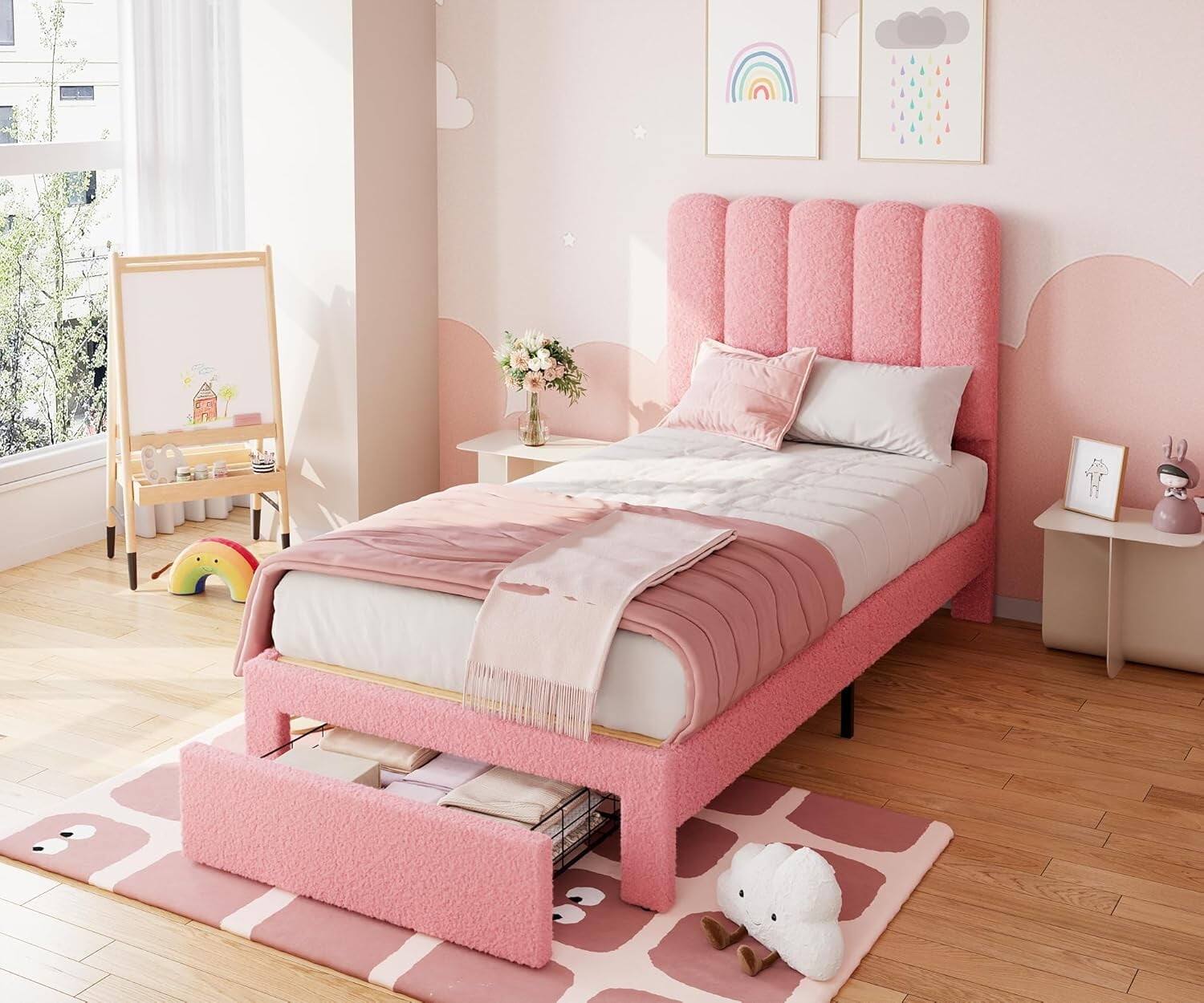 Front. Homhougo - Twin Boucle Upholstered Bed Frame, Pink, Storage Drawer, Headboard - Boucle Pink.