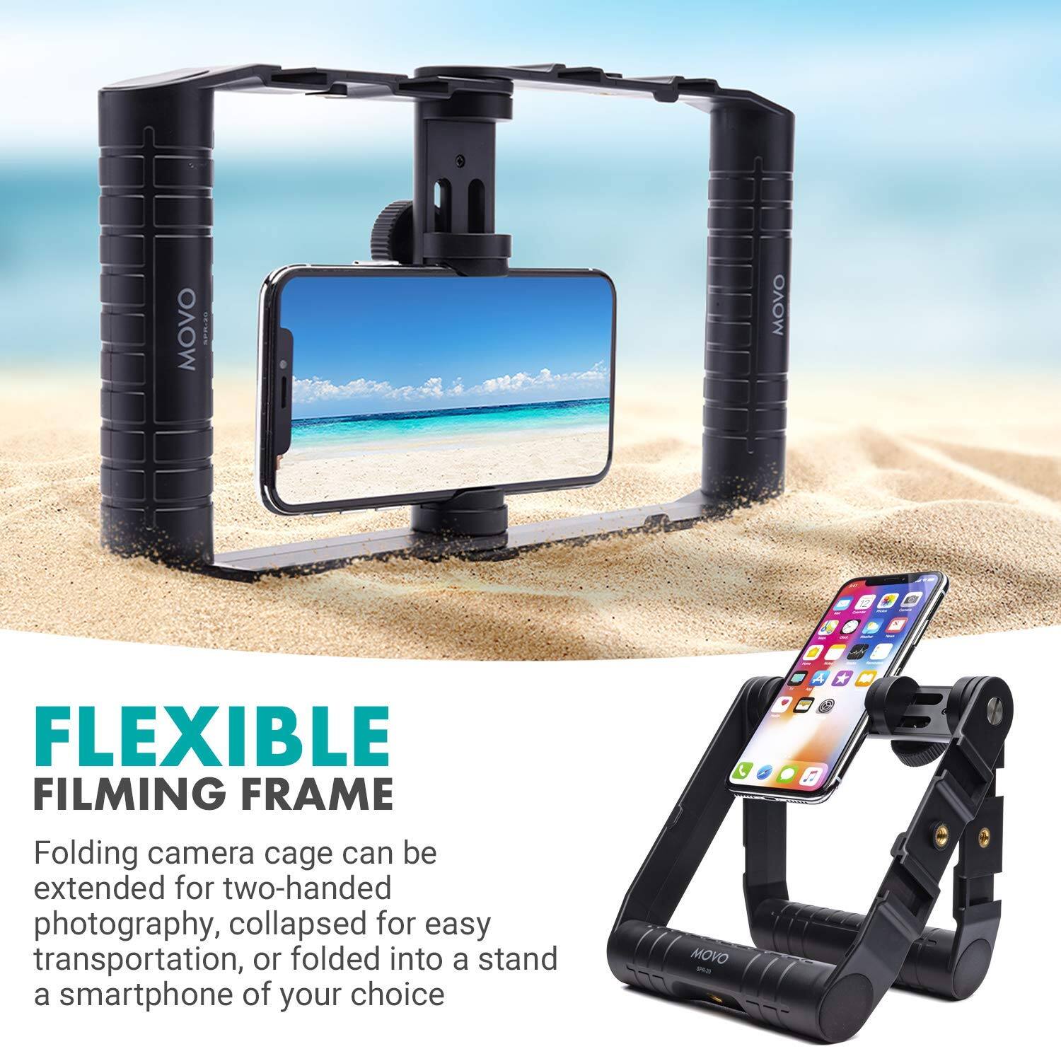 MOVO FLEXIBLE FILMING FRAME

Folding camera cage can be extended for two-handed photography, collapsed for easy transportation, or folded into a stand for a smartphone of your choice.
