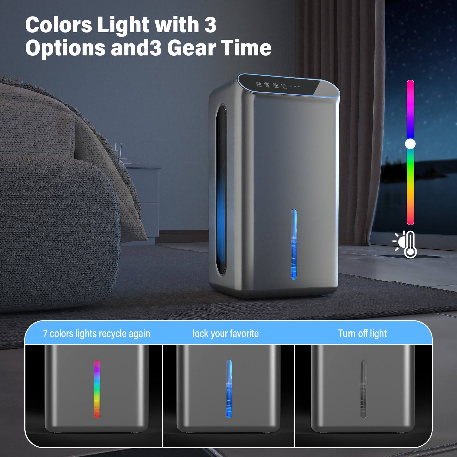 Colors Light with 3 Options and 3 Gear Time

7 colors lights recycle again

lock your favorite

Turn off light