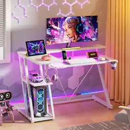Furologee - 39"W Gaming Desk With Monitor Stand & Cpu Stand Computer Desk With Power Outlet & RGB LED Lights Home Office Desk With C - White