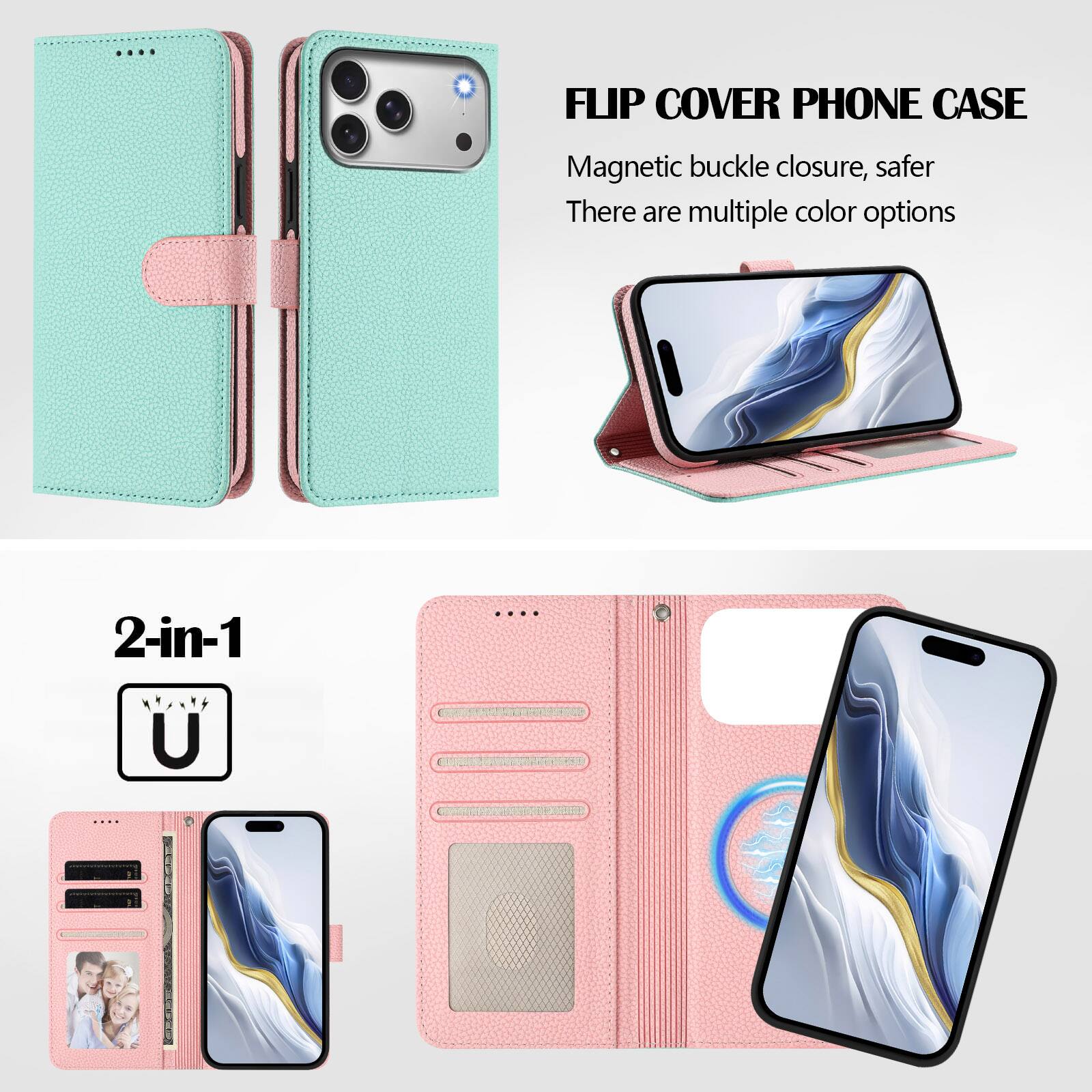 FLIP COVER PHONE CASE  
Magnetic buckle closure, safer  
There are multiple color options  

2-in-1