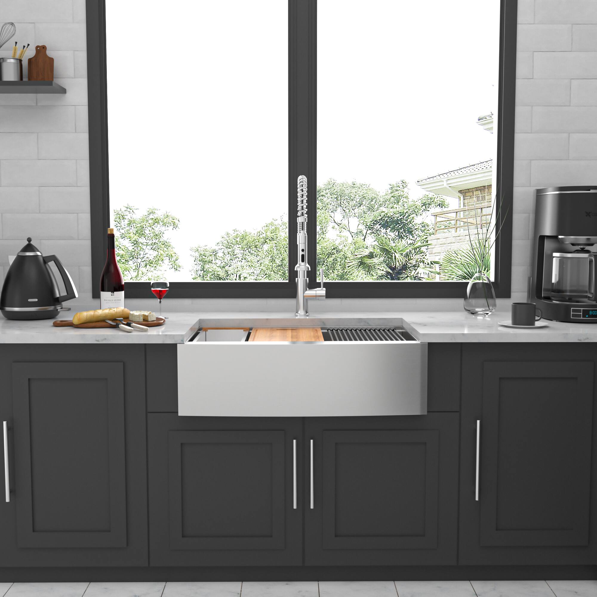 Angle. Siljoy - 36 Farmhouse Sink Workstation - 36*22*10 Inch Kitchen Sink Stainless Steel 16 gauge Apron Front Kitchen Sink - Brushed Nickel.